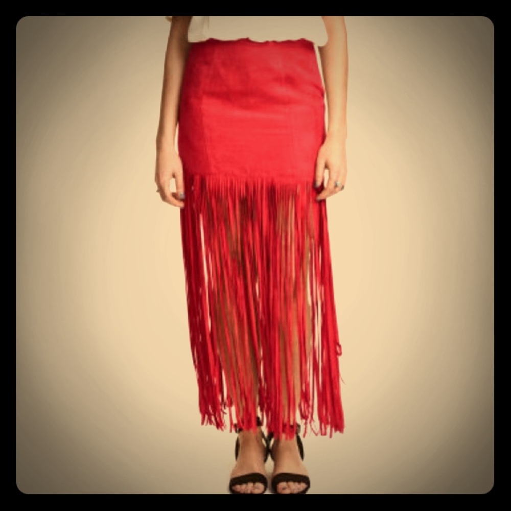 HM Coachella coral/red fringe skirt- faux suede